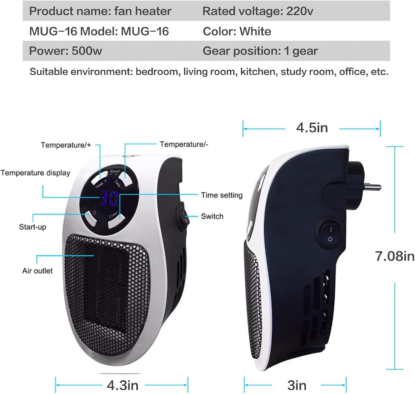 Plug in Heater for Indoor Use - 500W Smart