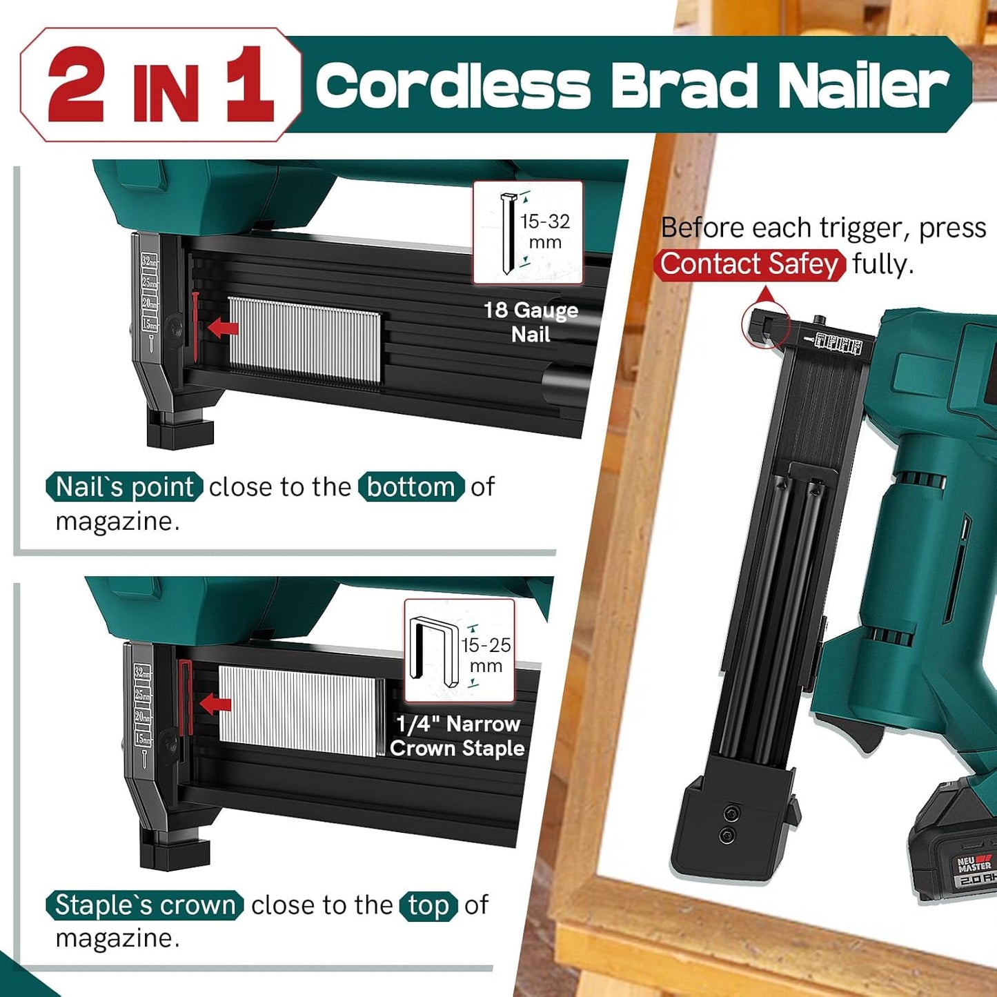 NEU MASTER Cordless Nail Gun Battery Powered, Battery Brad Nailer/Staple Gun