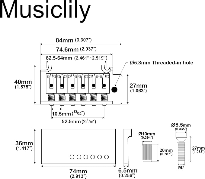 Musiclily Pro 52.5mm 2-Point Style Short Block Guitar Tremolo Bridge for Squier Strat, Chrome