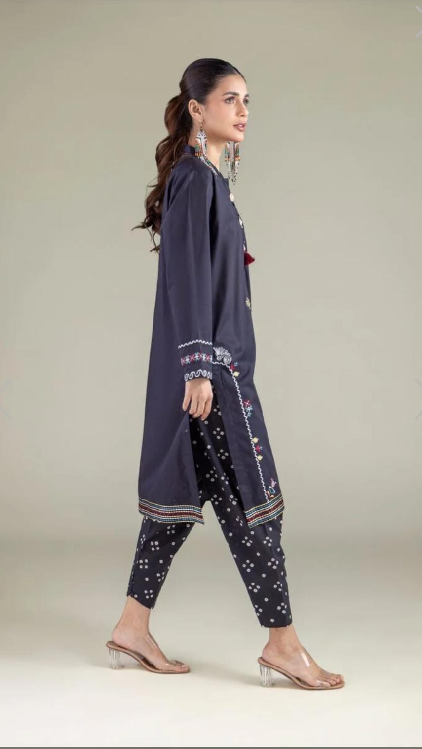 KHAADI Navy Pom-Pom Kurta (STITCHED)